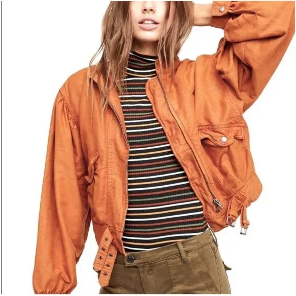 free people poet puff sleeve linen blend full zip bomber jacket